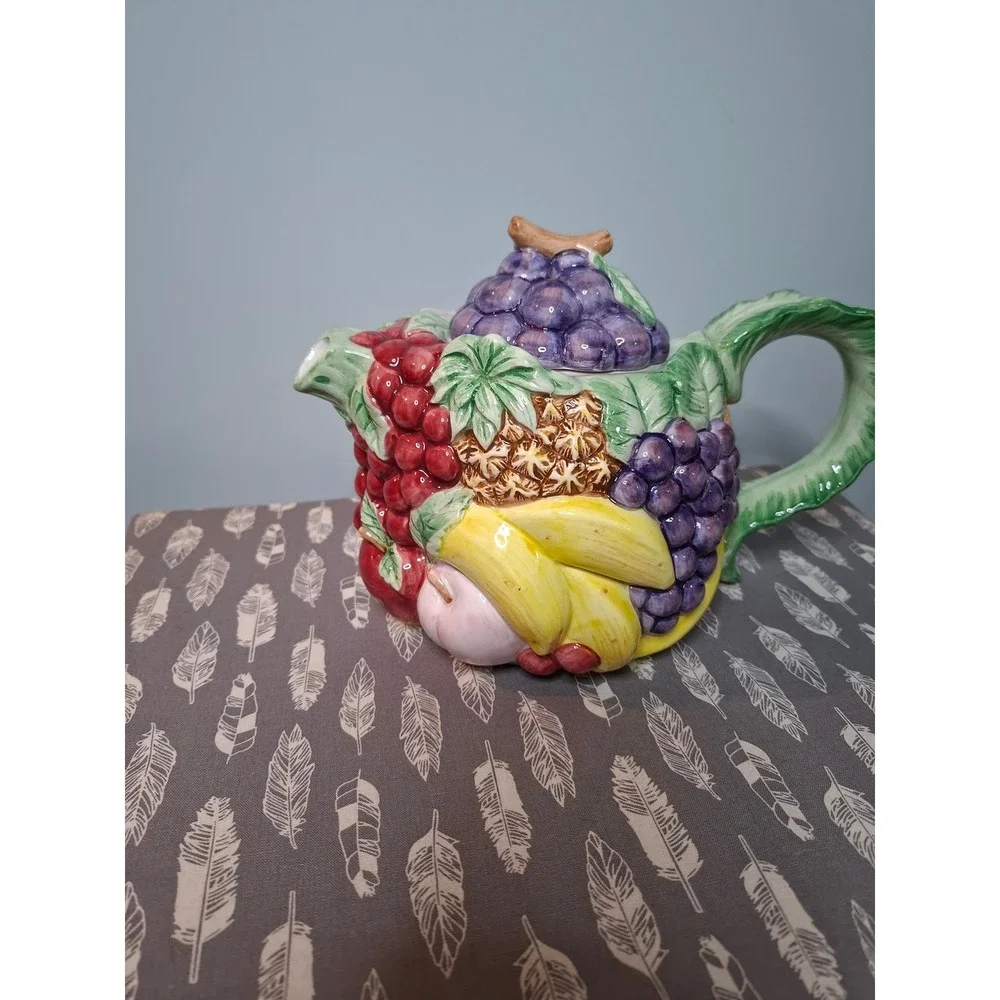 Vintage Fitz and Floyd Calypso Fruit Teapot 40oz Ceramic Grapes Watermelon